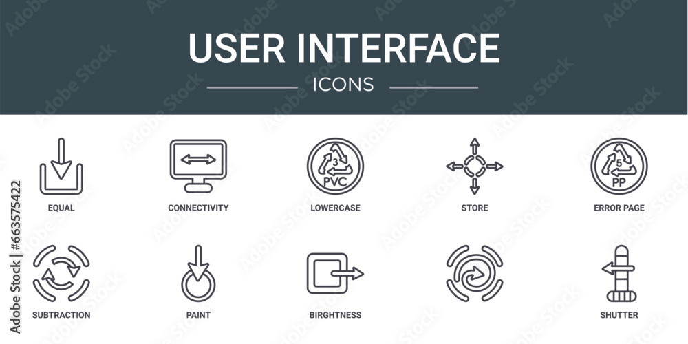 Poster set of 10 outline web user interface icons such as equal, connectivity, lowercase, store, error page