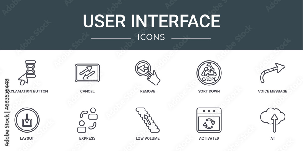 Poster set of 10 outline web user interface icons such as exclamation button, cancel, remove, sort down, vo