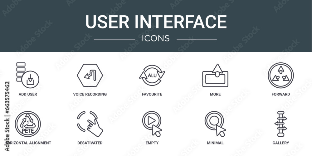 Poster set of 10 outline web user interface icons such as add user, voice recording, favourite, more, forwa