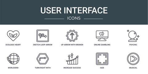 Fototapeta premium set of 10 outline web user interface icons such as ecologic heart, sketch loop arrow, up arrow with broken line, online gambling, psychic, worldgrid, turn right with broken line vector icons for