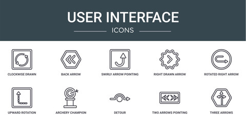 set of 10 outline web user interface icons such as clockwise drawn arrow, back arrow, swirly arrow pointing upwards, right drawn rotated right upward rotation with broken line, archery champion