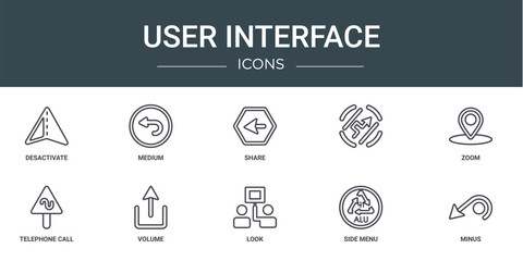 set of 10 outline web user interface icons such as desactivate, medium, share, , zoom, telephone call, volume vector icons for report, presentation, diagram, web design, mobile app