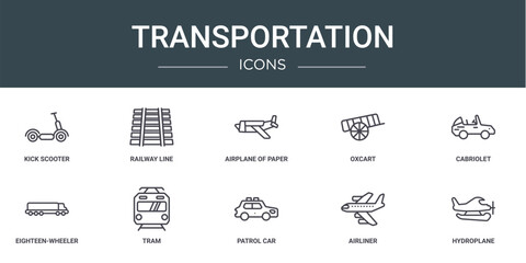 set of 10 outline web transportation icons such as kick scooter, railway line, airplane of paper sheet, oxcart, cabriolet, eighteen-wheeler, tram vector icons for report, presentation, diagram, web © Digital Bazaar