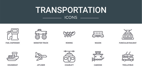 set of 10 outline web transportation icons such as fuel dispenser, monster truck, rowing, wagon, funicular railway, houseboat, jetliner vector icons for report, presentation, diagram, web design,