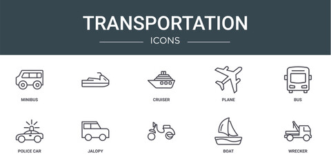 set of 10 outline web transportation icons such as minibus, , cruiser, plane, bus, police car, jalopy vector icons for report, presentation, diagram, web design, mobile app