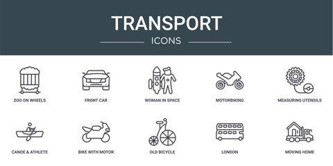 set of 10 outline web transport icons such as zoo on wheels, front car, woman in space, motorbiking, measuring utensils, canoe & athlete, bike with motor vector icons for report, presentation,