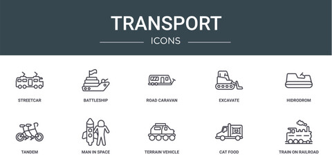 set of 10 outline web transport icons such as streetcar, battleship, road caravan, excavate, hidrodrom, tandem, man in space vector icons for report, presentation, diagram, web design, mobile app