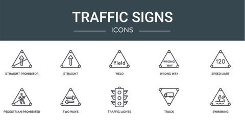 set of 10 outline web traffic signs icons such as straight prohibitor no entry, straight, yield, wrong way, speed limit, pedestrian prohibited, two ways vector icons for report, presentation,