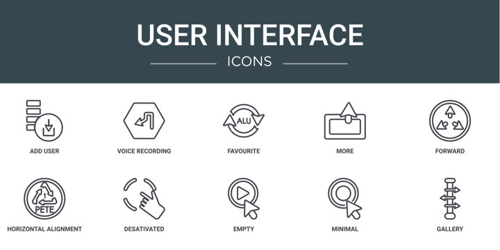 set of 10 outline web user interface icons such as add user, voice recording, favourite, more, forward, horizontal alignment, desativated vector icons for report, presentation, diagram, web design,
