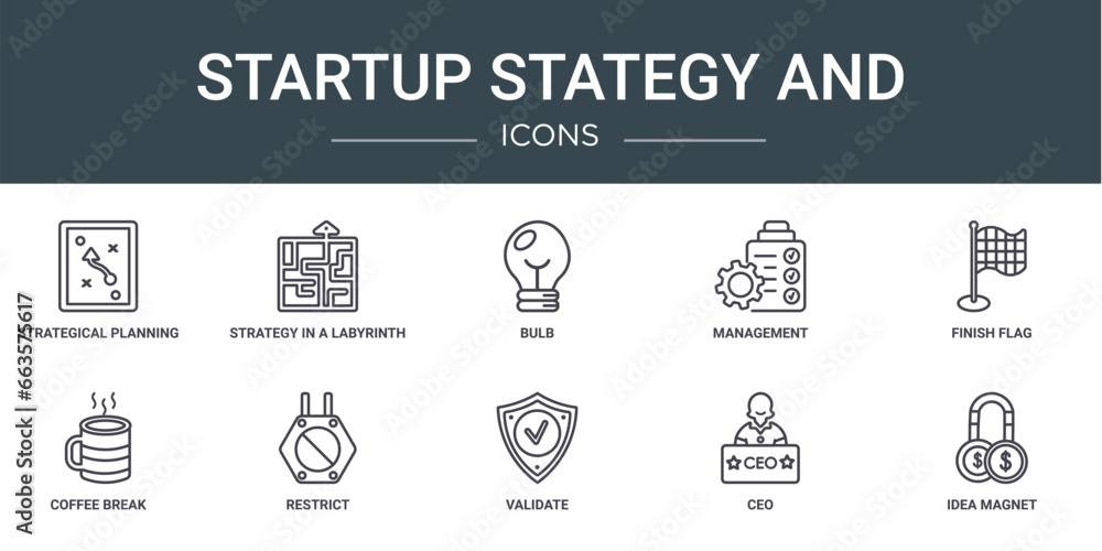 Aufkleber set of 10 outline web startup stategy and icons such as strategical planning, strategy in a labyrint