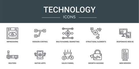 set of 10 outline web technology icons such as impressions, version control, multichannel marketing, structural elements, responsive web de, routers, native apps vector icons for report,