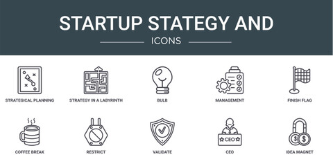 set of 10 outline web startup stategy and icons such as strategical planning, strategy in a labyrinth, bulb, management, finish flag, coffee break, restrict vector icons for report, presentation,