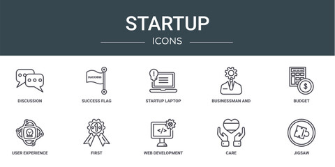set of 10 outline web startup icons such as discussion, success flag, startup laptop, businessman and strategy, budget, user experience, first vector icons for report, presentation, diagram, web