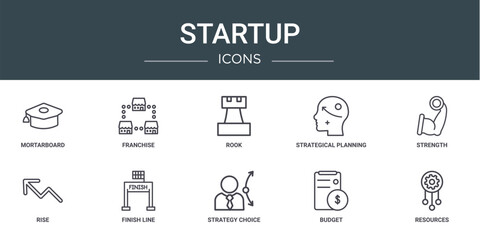 set of 10 outline web startup icons such as mortarboard, franchise, rook, strategical planning, strength, rise, finish line vector icons for report, presentation, diagram, web design, mobile app
