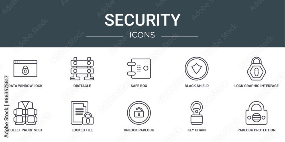 Poster set of 10 outline web security icons such as data window lock, obstacle, safe box, black shield, loc