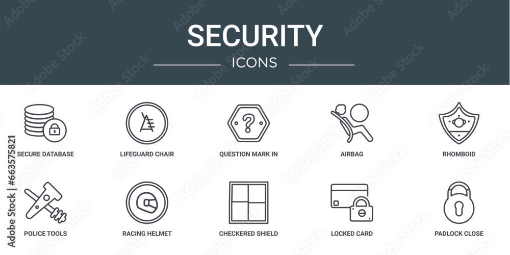 Aufkleber set of 10 outline web security icons such as secure database, lifeguard chair, question mark in a sh
