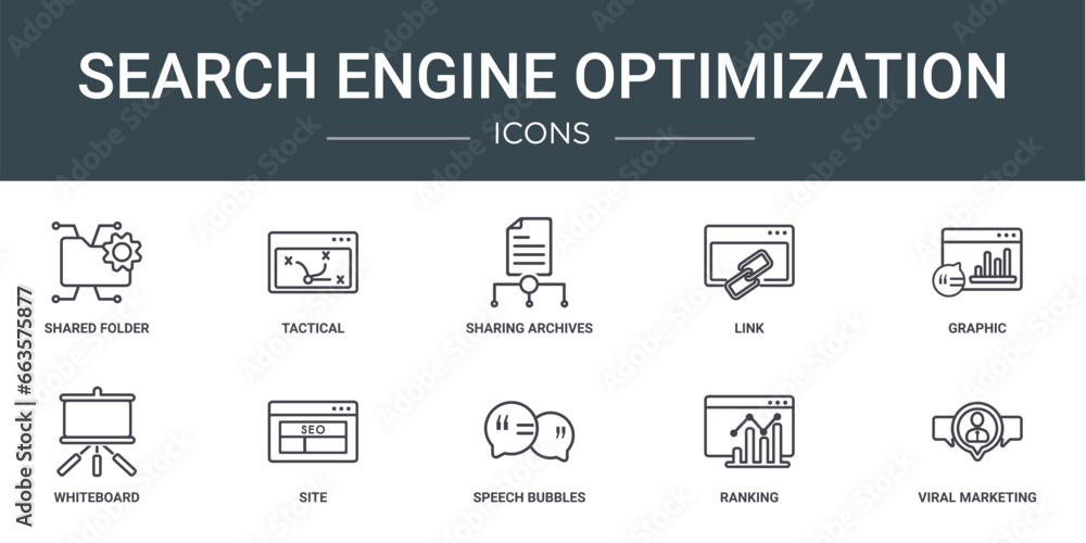 Poster set of 10 outline web search engine optimization icons such as shared folder, tactical, sharing arch
