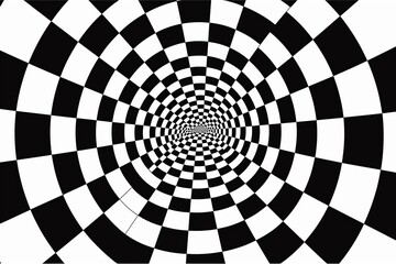 Optical illusion, distorted checkered print black and white background