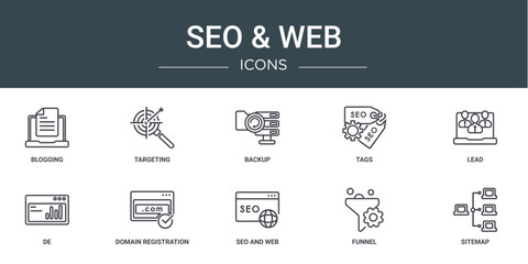 set of 10 outline web seo & web icons such as blogging, targeting, backup, tags, lead, de, domain registration vector icons for report, presentation, diagram, web design, mobile app - obrazy, fototapety, plakaty