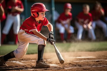 Young baseball player in the moment of hitting the ball during game. Concentration and skill. - obrazy, fototapety, plakaty