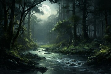 Nighttime river flowing through a dense green forest with ancient plants, mists, and moonlight, casting an eerie and dark ambiance. Generative AI