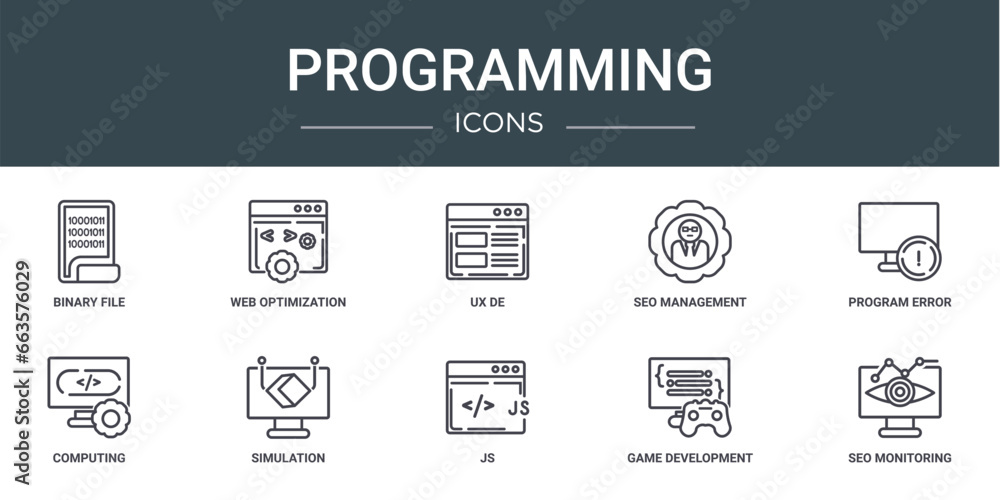 Poster set of 10 outline web programming icons such as binary file, web optimization, ux de, seo management
