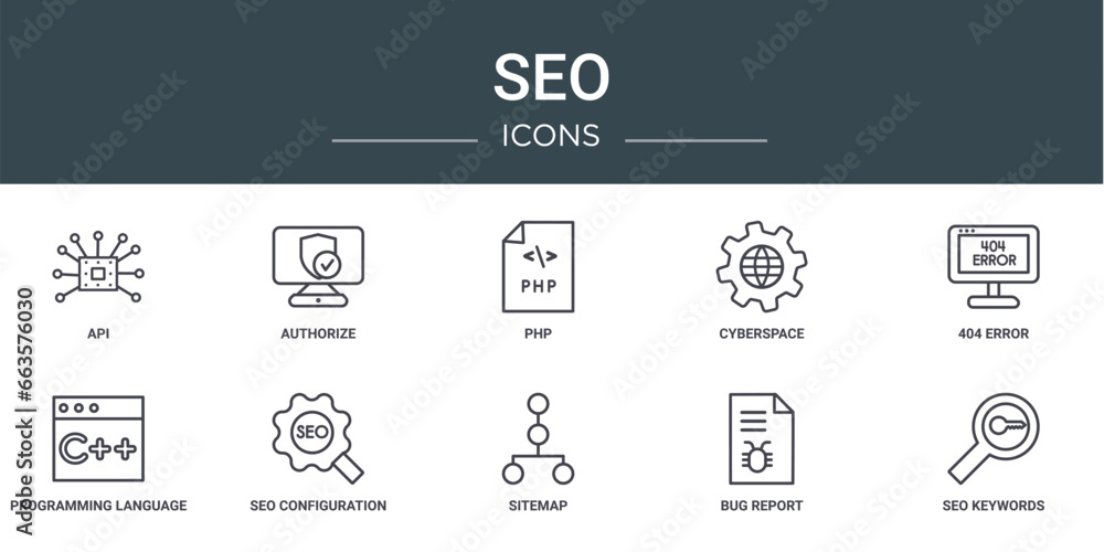 Poster set of 10 outline web seo icons such as api, authorize, php, cyberspace, 404 error, programming lang