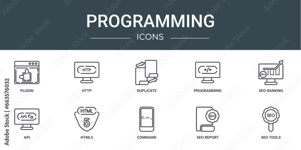 Poster set of 10 outline web programming icons such as plugin, http, duplicate, programming, seo ranking, a
