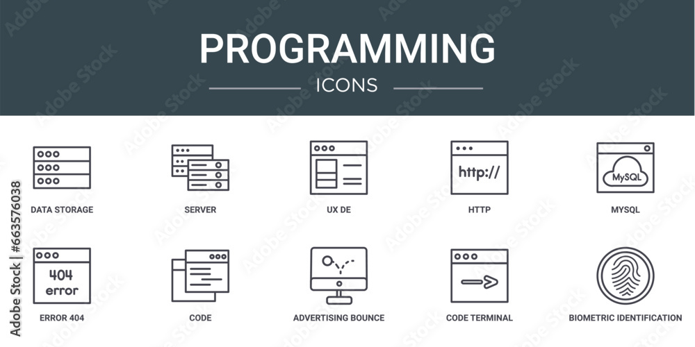 Poster set of 10 outline web programming icons such as data storage, server, ux de, http, mysql, error 404,