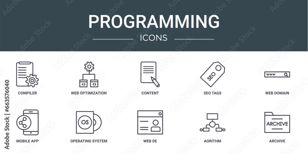 Poster set of 10 outline web programming icons such as compiler, web optimization, content, seo tags, web d
