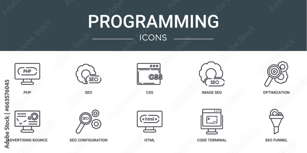 Poster set of 10 outline web programming icons such as php, seo, css, image seo, optimization, advertising 