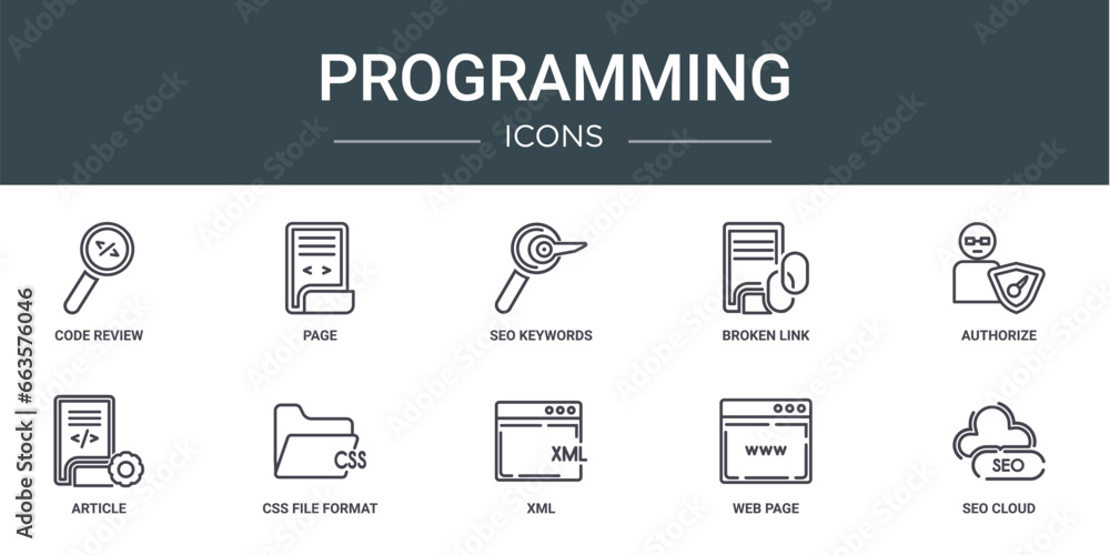 Aufkleber set of 10 outline web programming icons such as code review, page, seo keywords, broken link, author