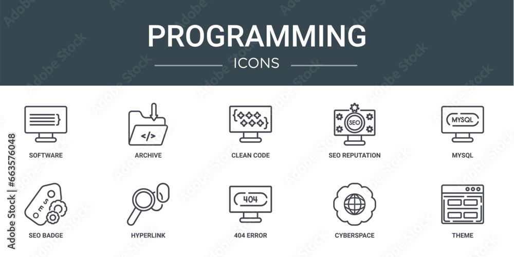 Poster set of 10 outline web programming icons such as software, archive, clean code, seo reputation, mysql