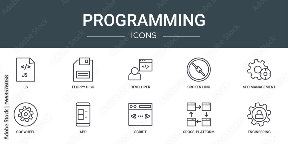Poster set of 10 outline web programming icons such as js, floppy disk, developer, broken link, seo managem