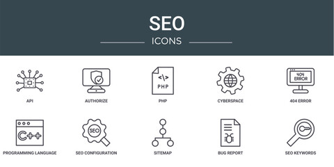 set of 10 outline web seo icons such as api, authorize, php, cyberspace, 404 error, programming language, seo configuration vector icons for report, presentation, diagram, web design, mobile app - obrazy, fototapety, plakaty