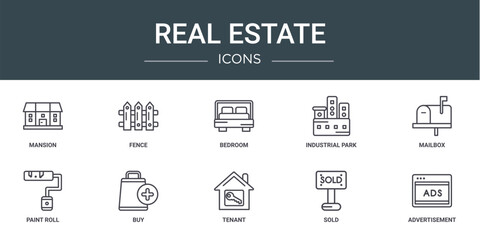set of 10 outline web real estate icons such as mansion, fence, bedroom, industrial park, mailbox, paint roll, buy vector icons for report, presentation, diagram, web design, mobile app - obrazy, fototapety, plakaty