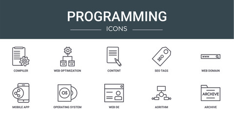 set of 10 outline web programming icons such as compiler, web optimization, content, seo tags, web domain, mobile app, operating system vector icons for report, presentation, diagram, design, mobile