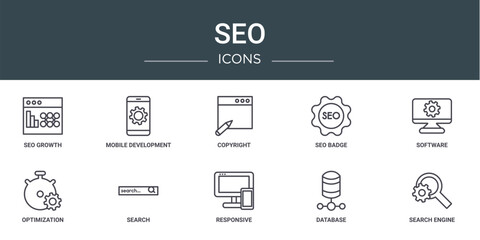 Naklejka premium set of 10 outline web seo icons such as seo growth, mobile development, copyright, seo badge, software, optimization, search vector icons for report, presentation, diagram, web design, mobile app