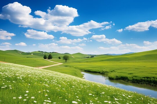Scenic countryside with meadows, lush grass, blooming flowers, and a vibrant blue sky. Generative AI