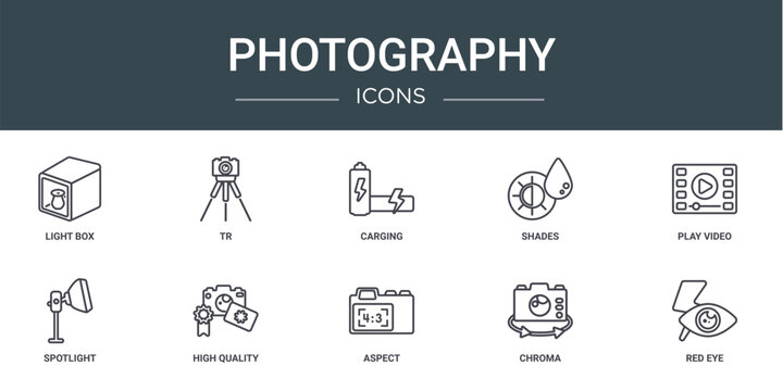 set of 10 outline web photography icons such as light box, tr, carging, shades, play video, spotlight, high quality vector icons for report, presentation, diagram, web design, mobile app