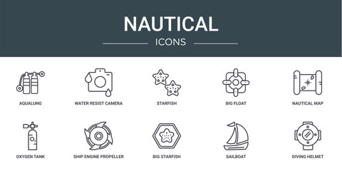 Naklejka premium set of 10 outline web nautical icons such as aqualung, water resist camera, starfish, big float, nautical map, oxygen tank, ship engine propeller vector icons for report, presentation, diagram, web