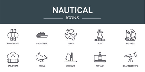 Naklejka premium set of 10 outline web nautical icons such as rubber raft, cruise ship, fishes, buoy, big shell, sailor hat, whale vector icons for report, presentation, diagram, web design, mobile app