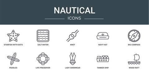 set of 10 outline web nautical icons such as starfish with dots, salt water, knot, navy hat, big compass, paddles, life preserver vector icons for report, presentation, diagram, web design, mobile