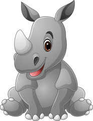 Cartoon funny rhino sitting on white background - 663576253