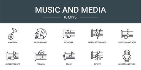 set of 10 outline web music and media icons such as mandolin, music record, alto clef, thirty second note rest, thirty second note, sixteenth note, fermata vector icons for report, presentation,