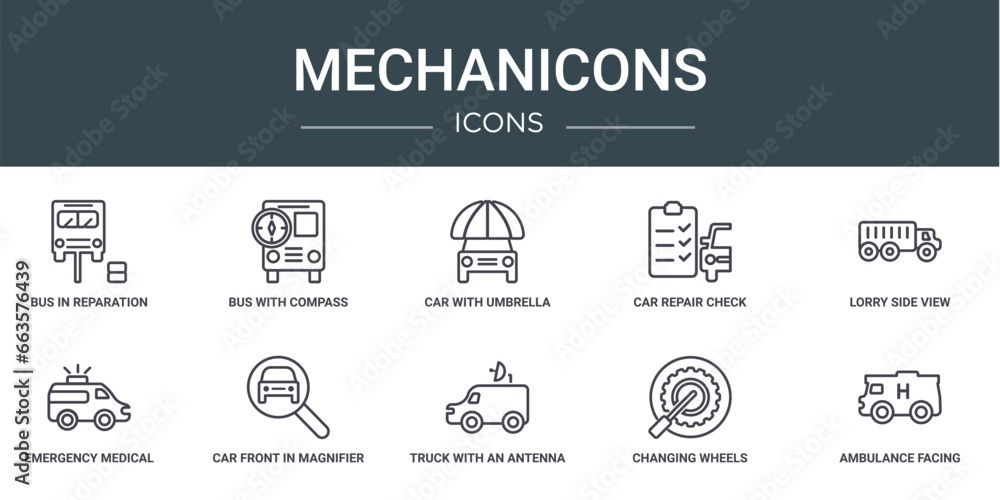 Aufkleber set of 10 outline web mechanicons icons such as bus in reparation, bus with compass, car with umbrel