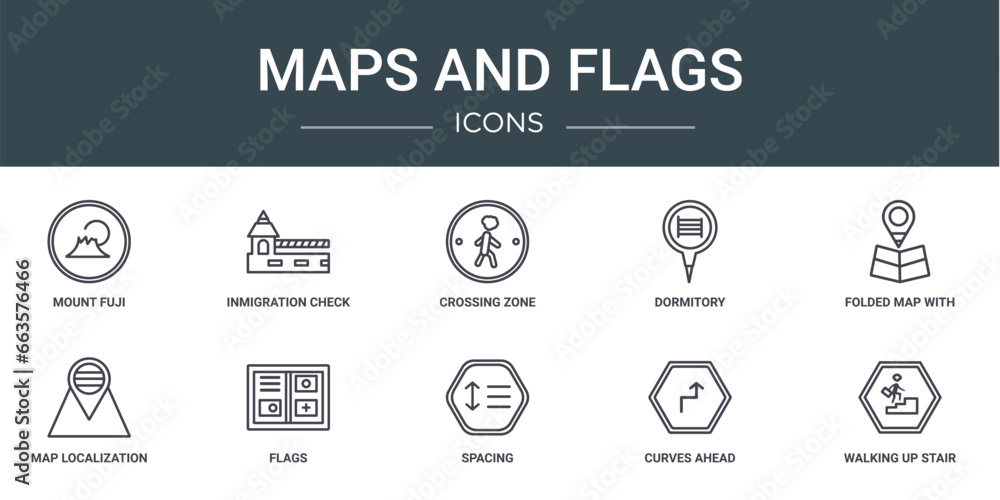 Aufkleber set of 10 outline web maps and flags icons such as mount fuji, inmigration check point, crossing zon