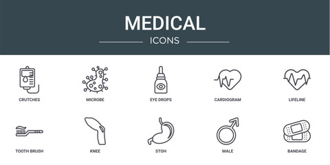 set of 10 outline web medical icons such as crutches, microbe, eye drops, cardiogram, lifeline, tooth brush, knee vector icons for report, presentation, diagram, web design, mobile app