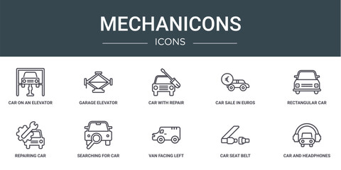 set of 10 outline web mechanicons icons such as car on an elevator, garage elevator, car with repair equipment, car sale in euros, rectangular front, repairing searching for vector icons for report,