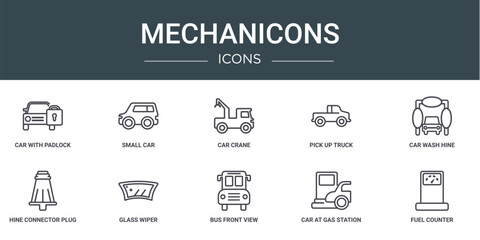 set of 10 outline web mechanicons icons such as car with padlock, small car, car crane, pick up truck, wash hine, hine connector plug, glass wiper vector icons for report, presentation, diagram, web